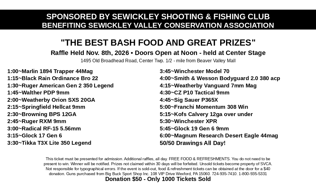 2026 SVCA Bash Ticket Raffle Schedule